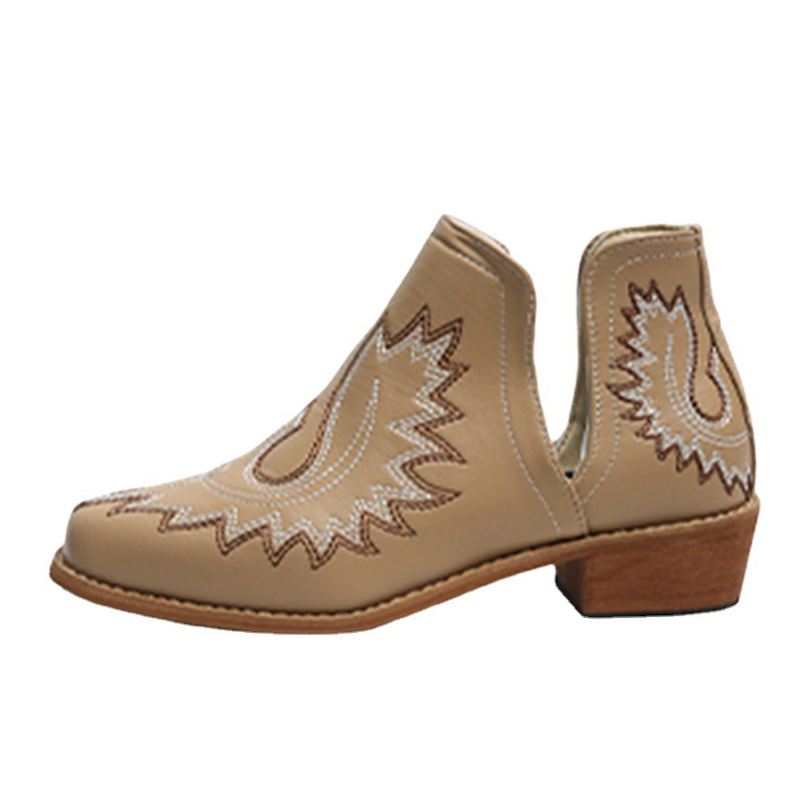 Sapatos de salto empilhados com bico quadrado bordado na moda Cowboy