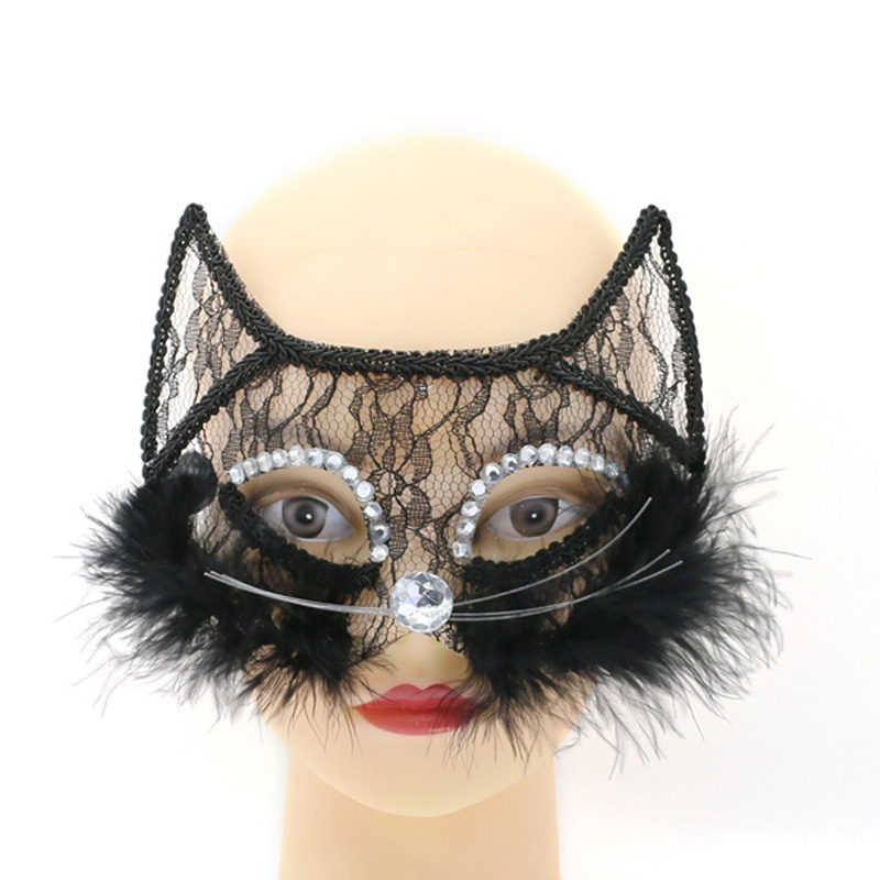 Máscara luxuosa de renda de gato preto de Halloween