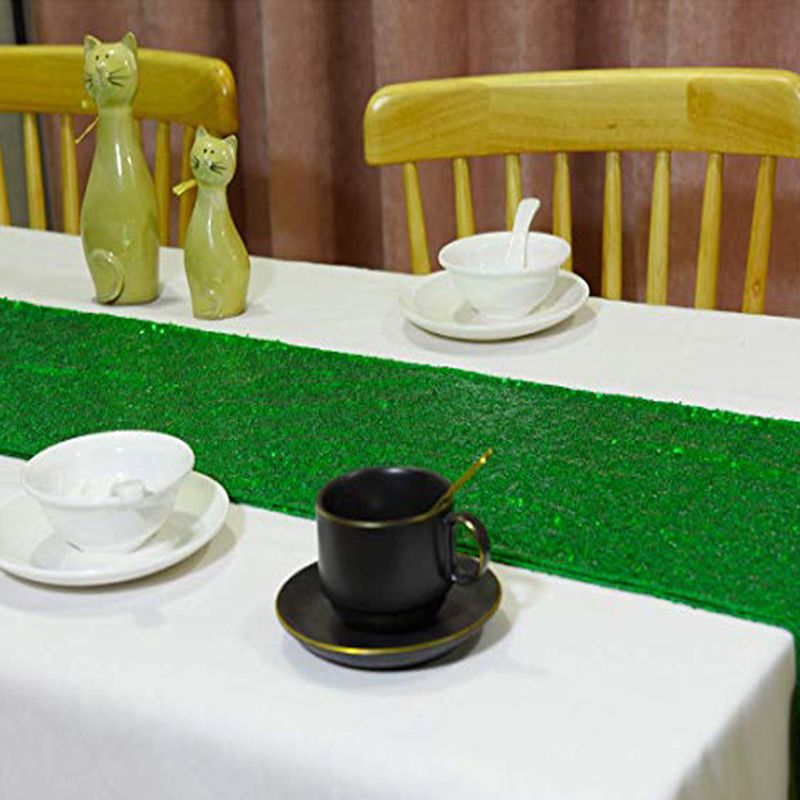 Corredores de mesa de cetim com lantejoulas verdes para banquete de casamento