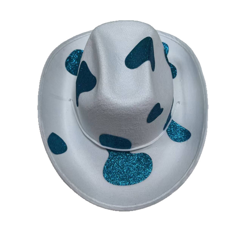 Chapéu de cowboy brilhante com padrão de vaca multicolorido