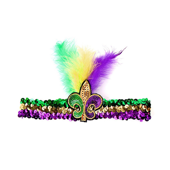 Tiara de lantejoulas de carnaval com apliques de flor de lis e penas