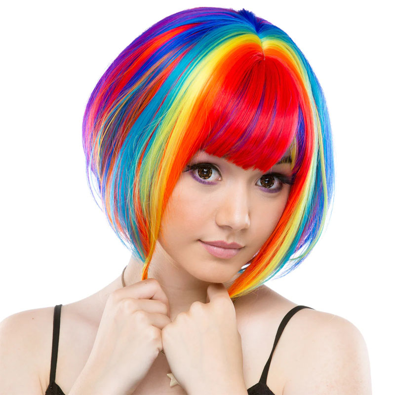 Peruca Anime Arco-Íris Bobo Colorido Cabelo Curto